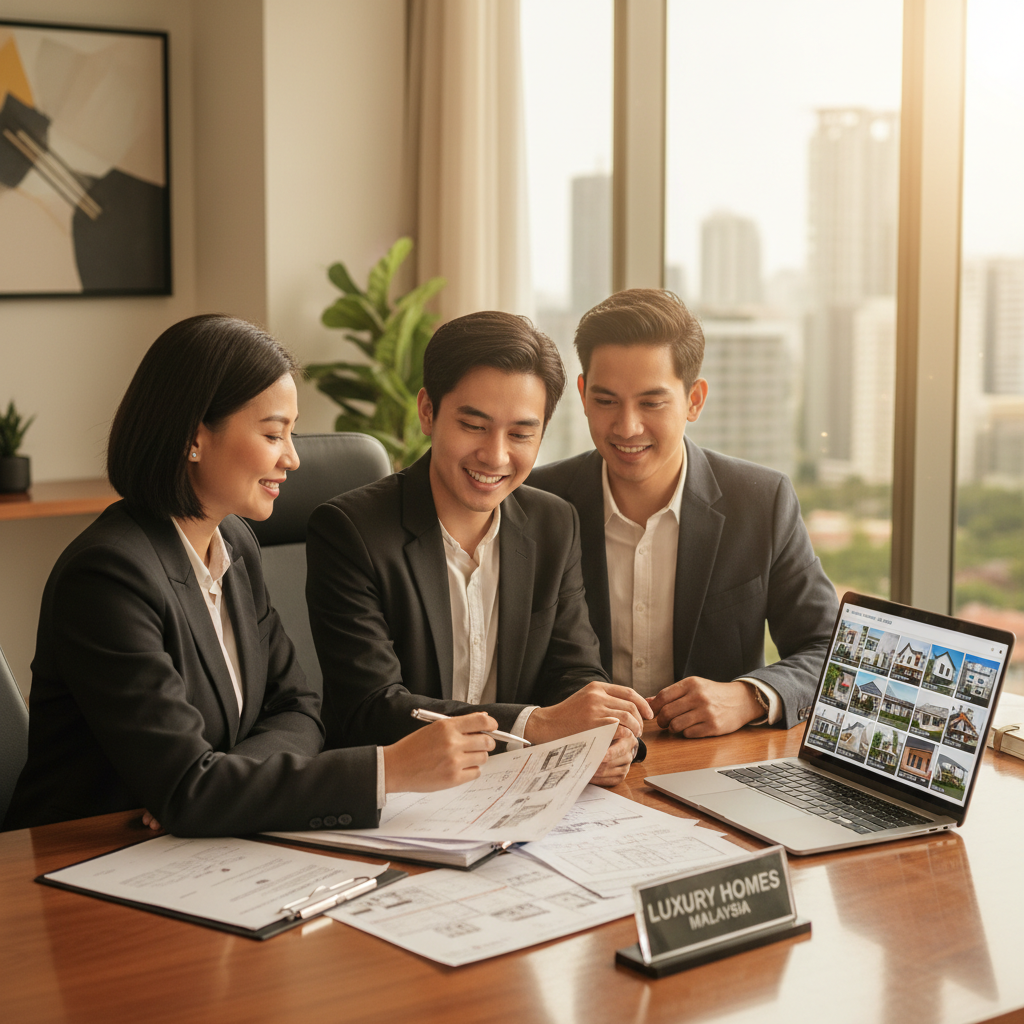 Ejen hartanah sedang menunjukkan dokumen kepada pasangan muda di hadapan rumah baru