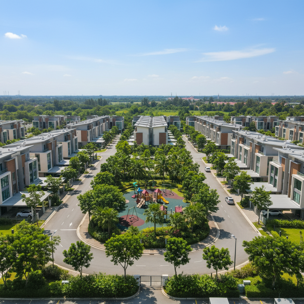 Rumah teres moden dengan halaman hijau di kawasan perumahan strategik